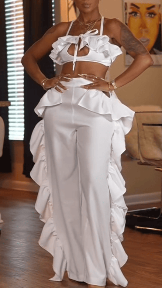 Ladies Spaghetti Strap Hollowed Out Top+ Spliced Pants Casual Vacation Set - MATCHING MASTER