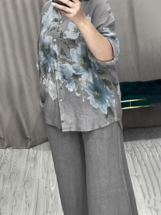 Chic French-Style Floral Linen-Look 2-Piece Set - Loose Roll-Up Sleeve Shirt & Wide-Leg Pants