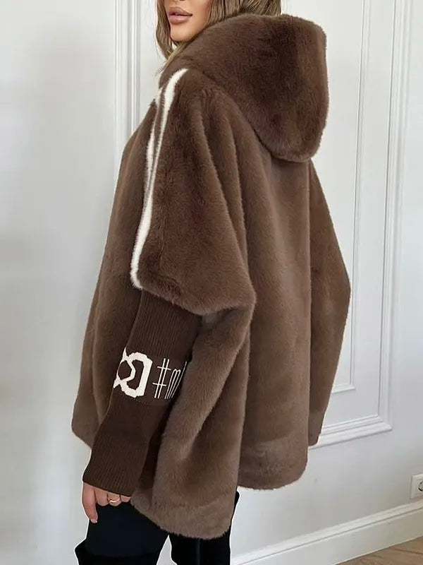Ladies' Plush Hooded Vertical Stripe Printed Casual Coat
