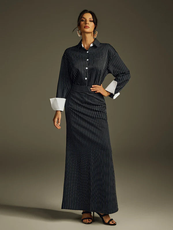 Ladies' Folded Collar Stripe Skirt Set - MATCHING MASTER