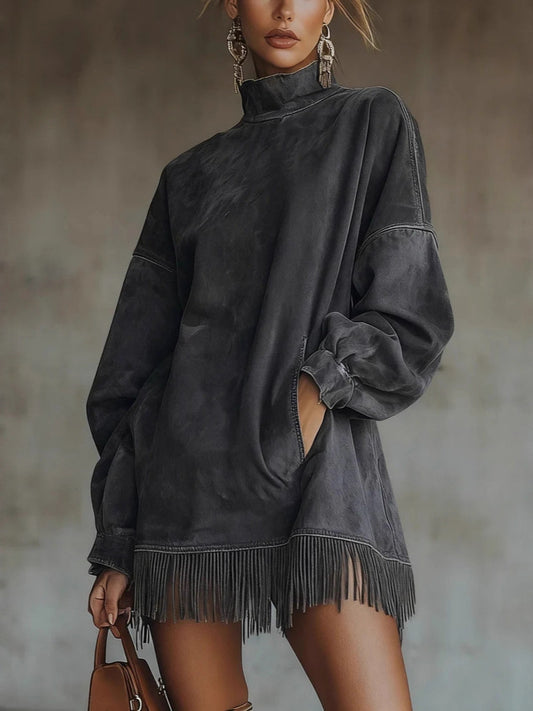 Oversized suede-effect dress with fringe