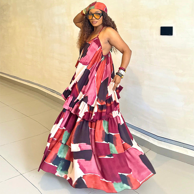 New summer fashion halter-neck ruffled printed patchwork dress - MATCHING MASTER