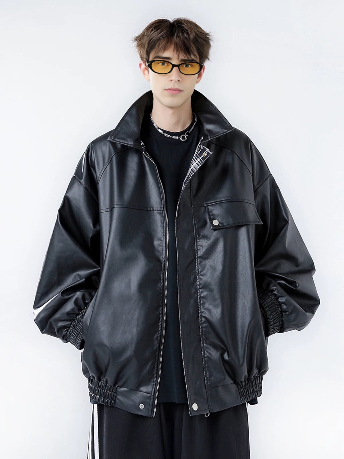 Genuine leather jacket with plaid lining, reversible lapel leather jacket