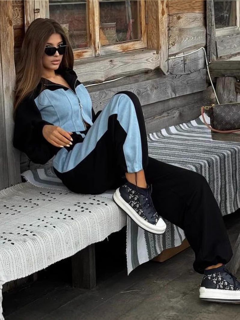 Denim patchwork hooded top and trousers two-piece set - MATCHING MASTER