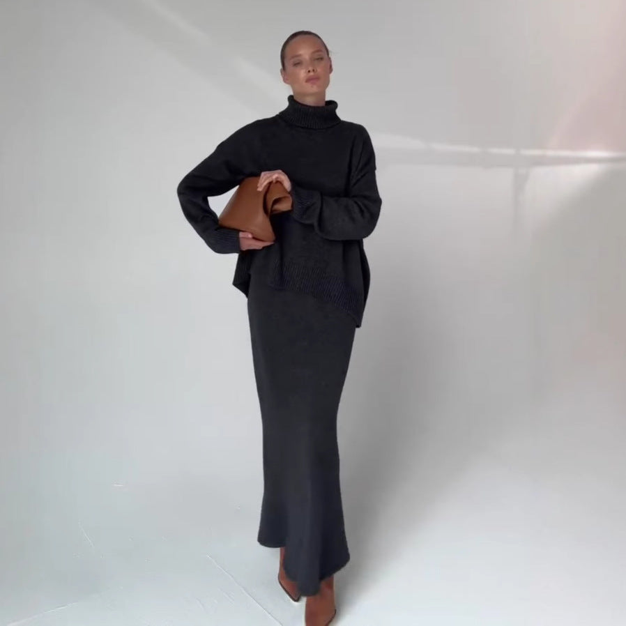 Ladies' High-neck top and fitted A-line skirt two-piece set