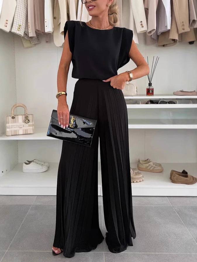 🇬🇧 Two-piece set with sleeveless top and round neckline and pleated wide-leg trousers😍 - MATCHING MASTER