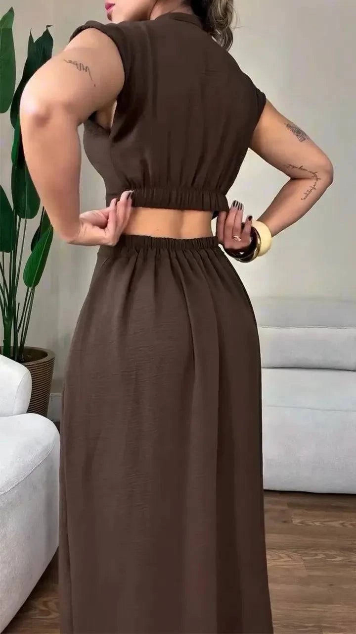 Women's Round Neck Buttoned Hollow Waist Casual Dress - MATCHING MASTER