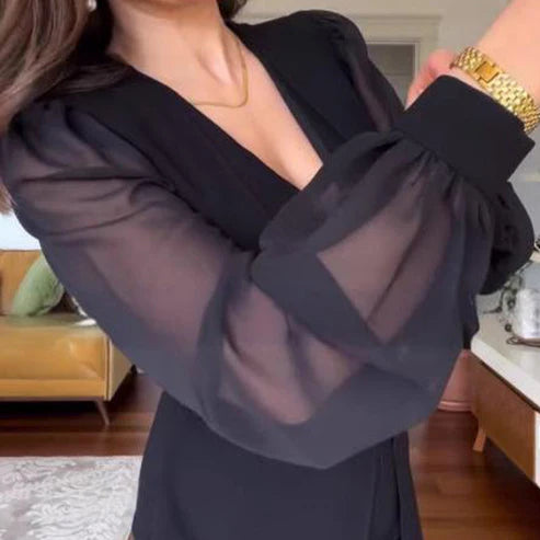 Elegant Ladies Lace Long Sleeve V Neck Dress