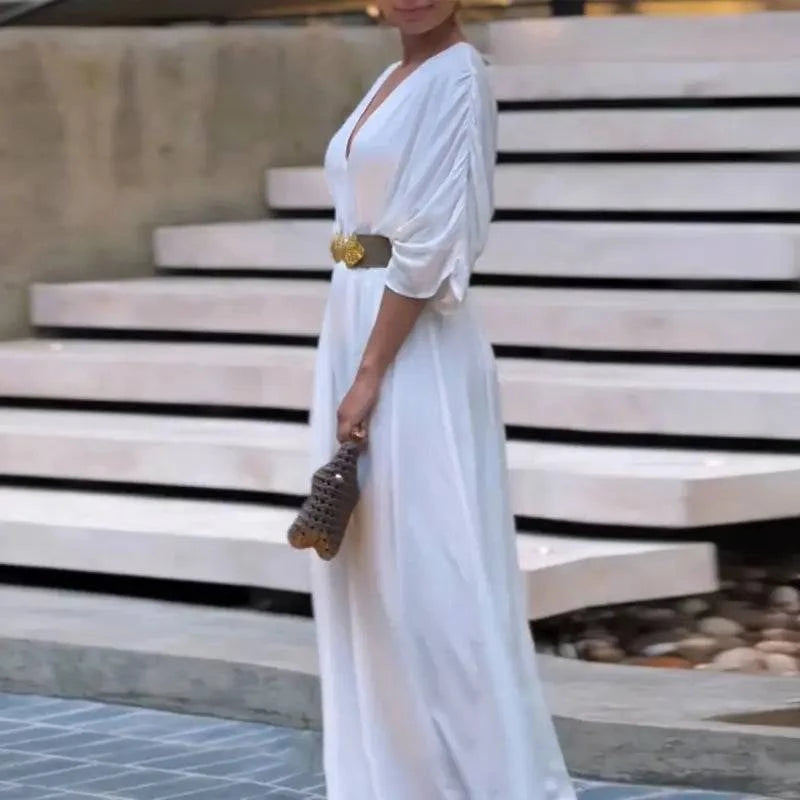 Women's V-Neck Half Sleeve Ruched Jumpsuit - MATCHING MASTER