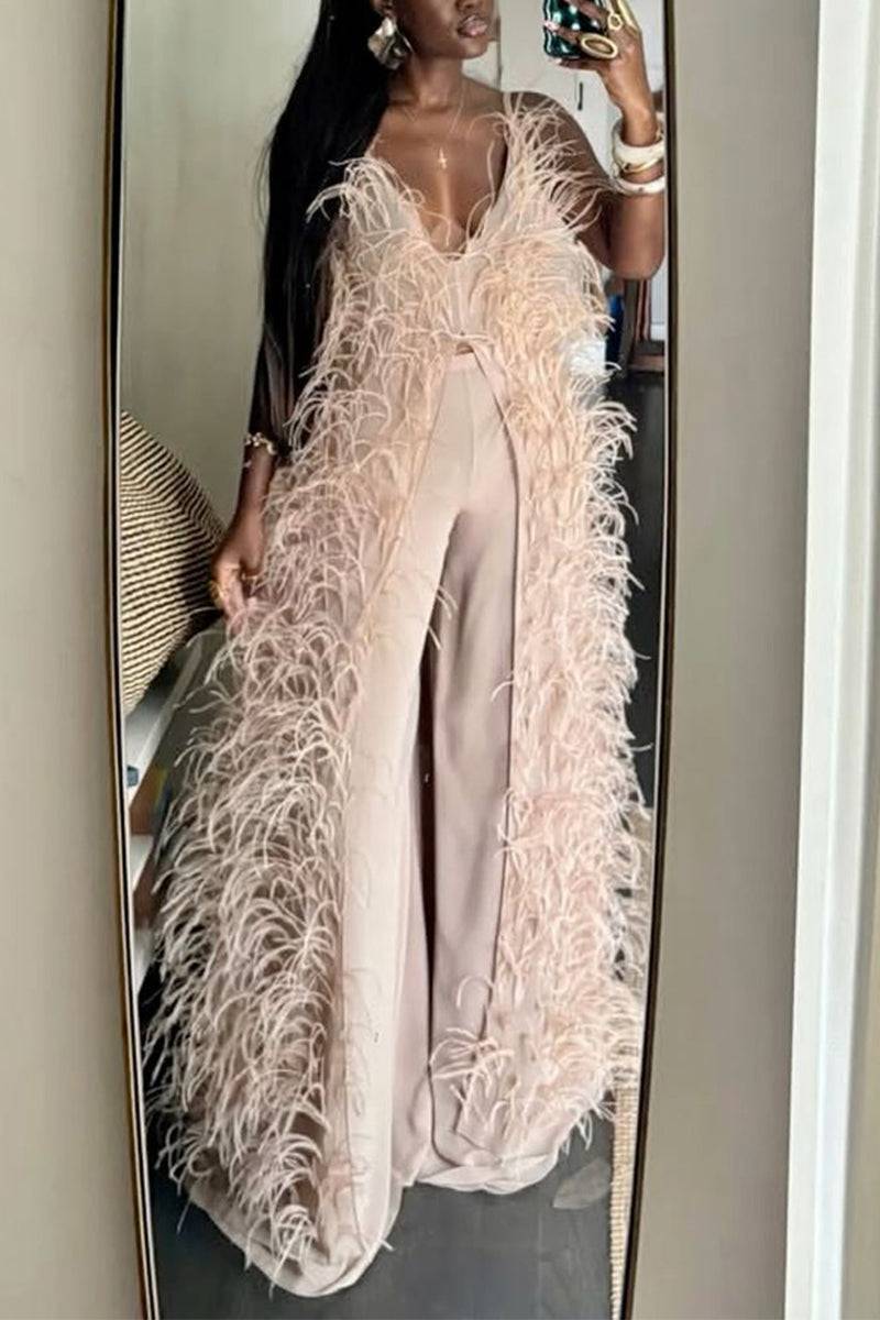 Women Suspender Fur Tassels Long Top+ Pants Solid Color Set