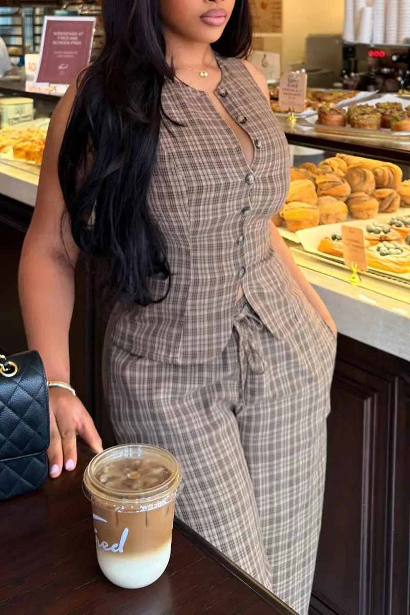 Women's 2-Piece Plaid Casual Set - Round Neck Button-Down Top & High-Waist Wide-Leg Pants - Spring/Summer Chic
