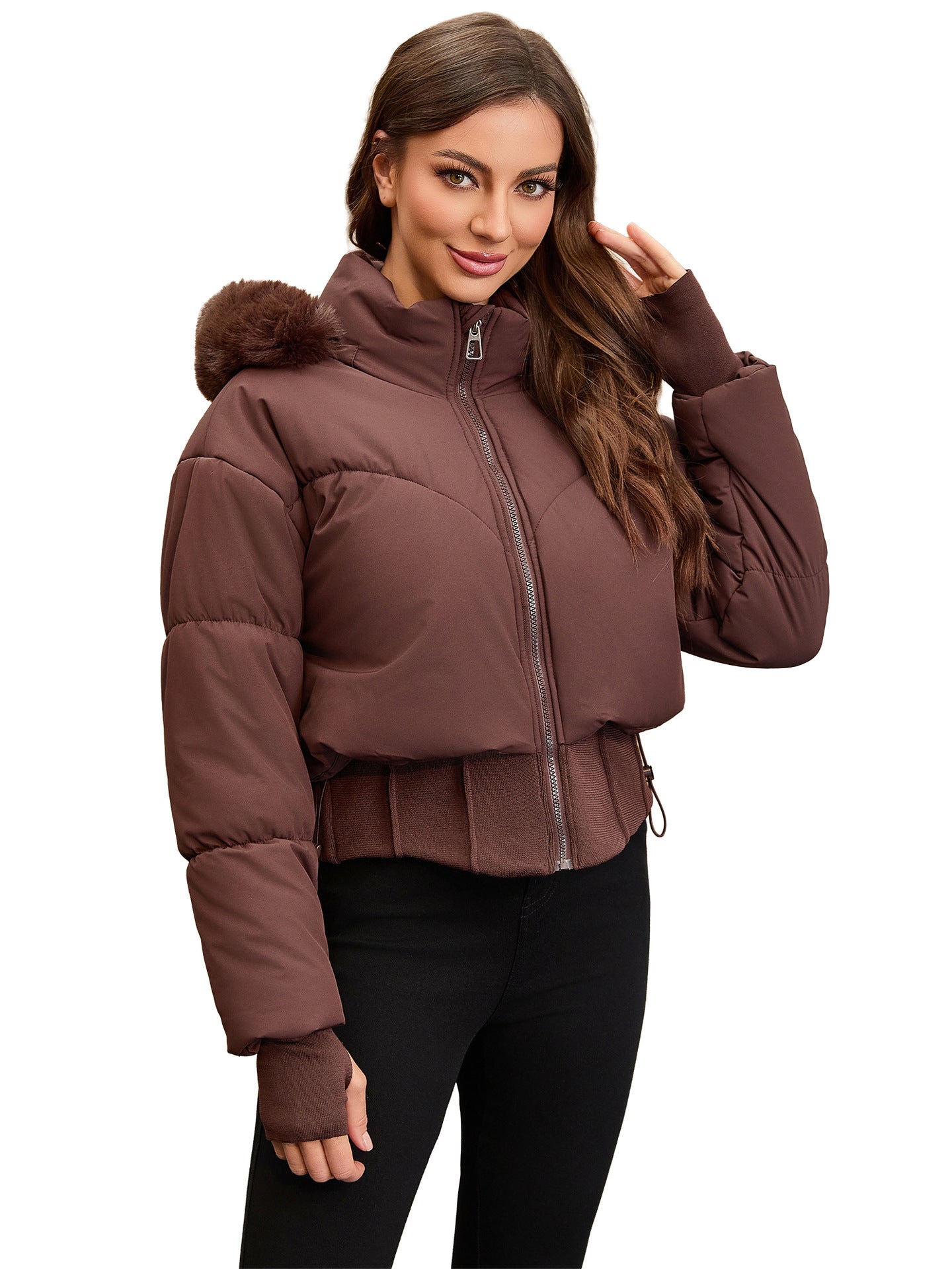 Short coat with large fur collar, hood and waist-hugging design - MATCHING MASTER