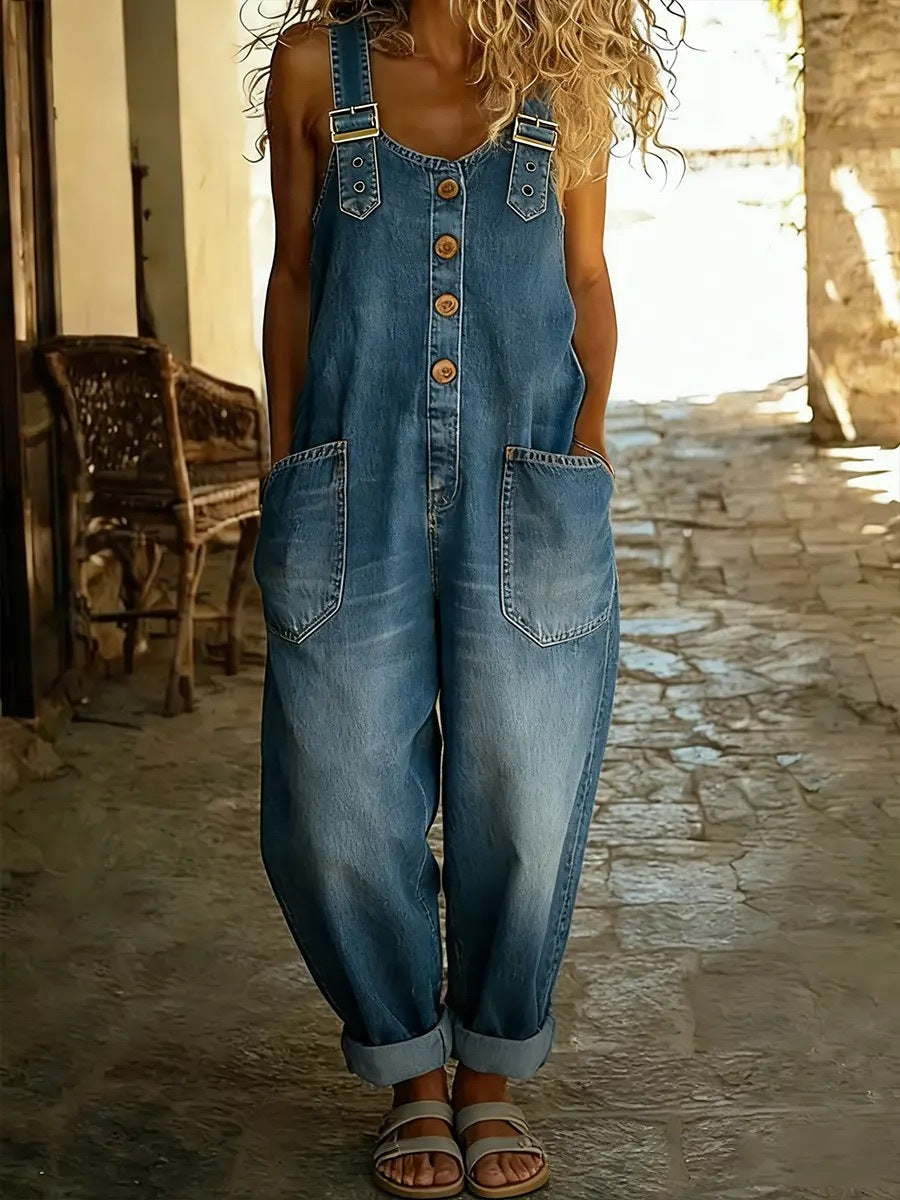 Chic Retro Distressed Denim Jumpsuit for Women - Loose-Fitting Casual Streetwear One-Piece Set - BundleWear