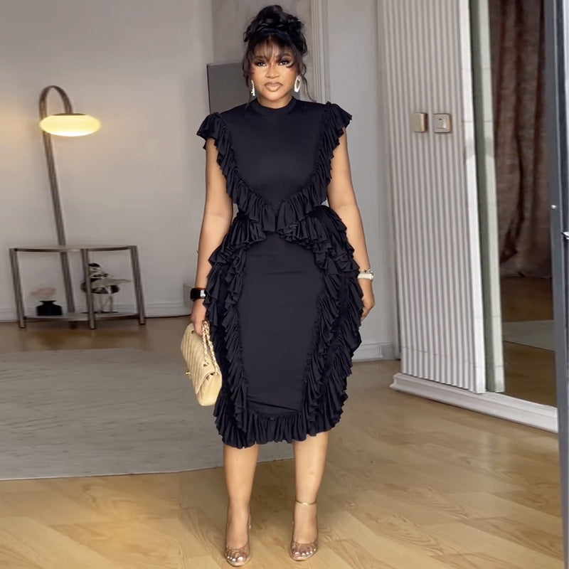 Ruffled waist-cinching solid color bodycon dress - MATCHING MASTER