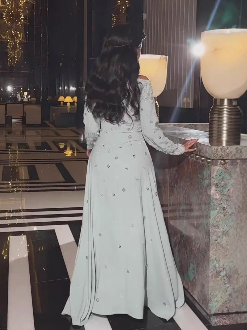 Slit skirt diamond-studded slim dress - MATCHING MASTER