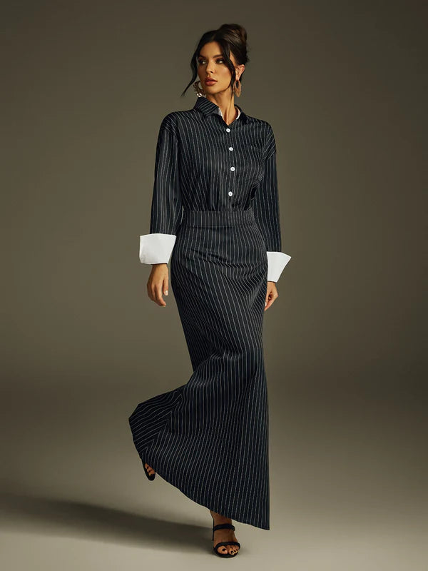 Ladies' Folded Collar Stripe Skirt Set - MATCHING MASTER