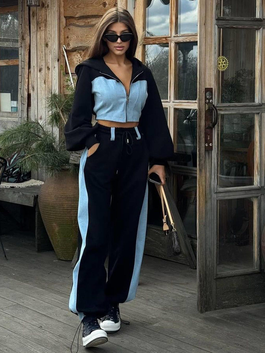Denim patchwork hooded top and trousers two-piece set - MATCHING MASTER
