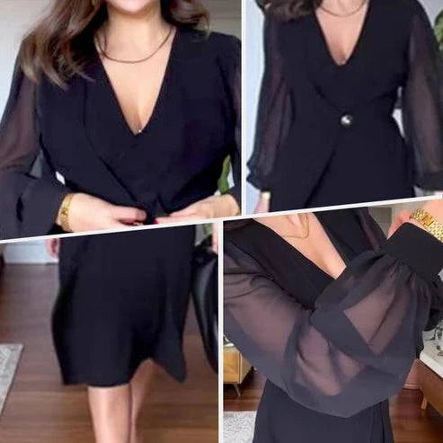 Elegant Ladies Lace Long Sleeve V Neck Dress - MATCHING MASTER