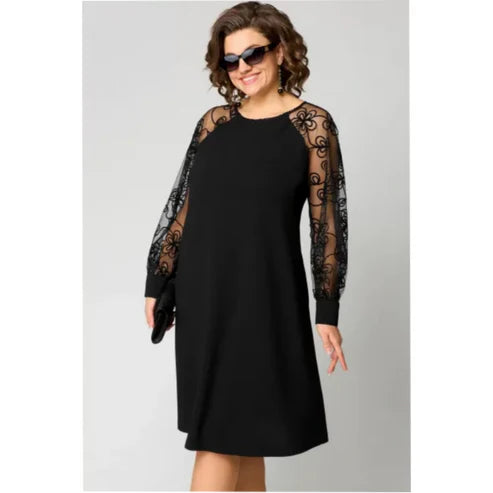 Lace Patchwork Dress with Long Sleeves and Round Neck