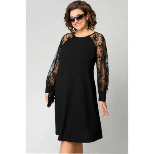 Lace Patchwork Dress with Long Sleeves and Round Neck - MATCHING MASTER