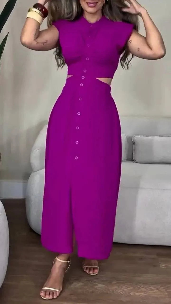 Women's Round Neck Buttoned Hollow Waist Casual Dress - MATCHING MASTER