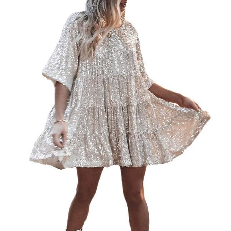 Summer High-end Women's Sequin Round Neck Loose French Dress Fairy Skirt - MATCHING MASTER