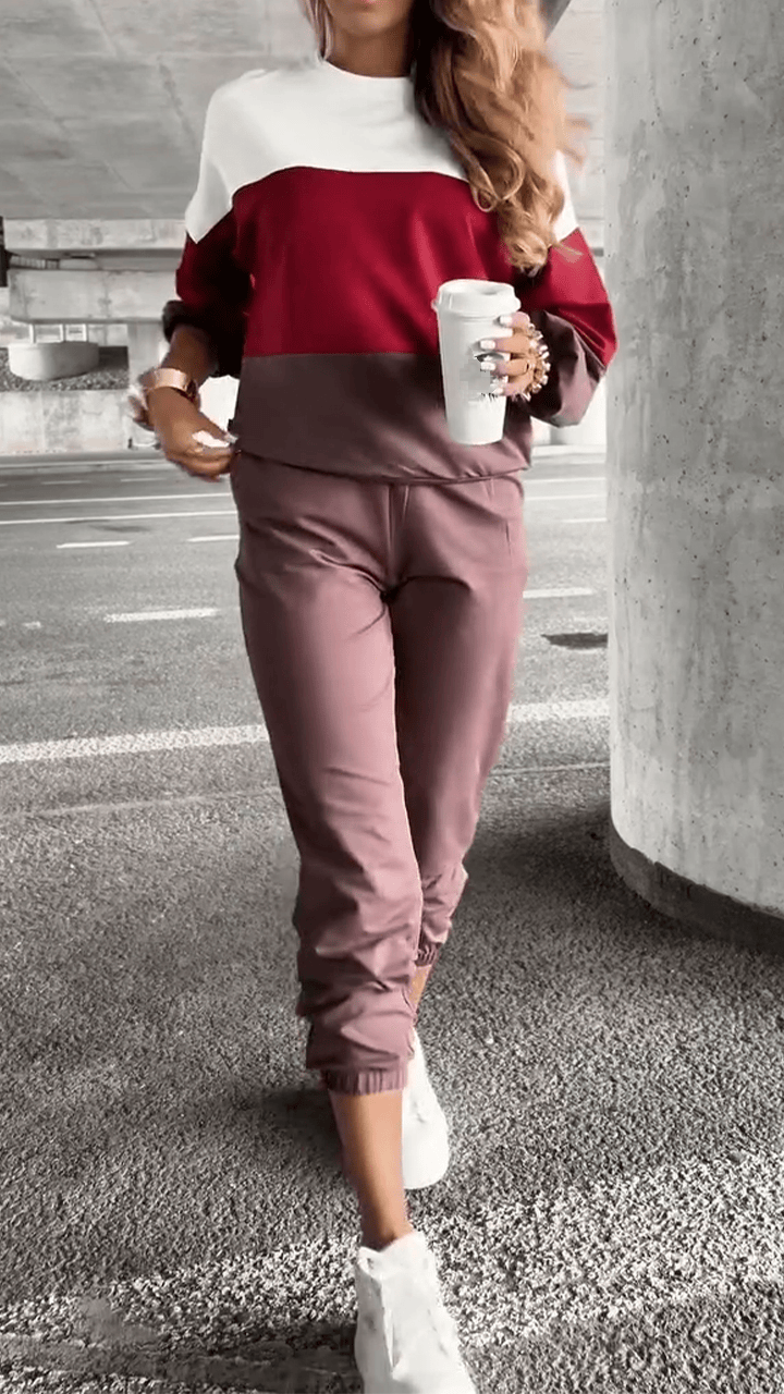Women Round Neck Contrasting Top + Pants Casual Suit - MATCHING MASTER