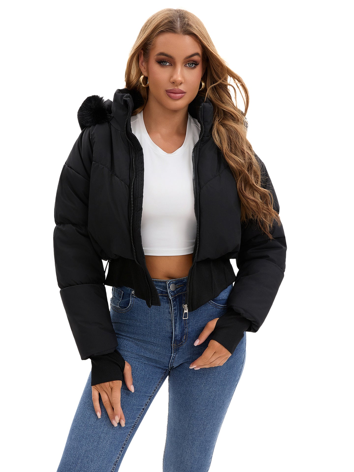 Short coat with large fur collar, hood and waist-hugging design - MATCHING MASTER