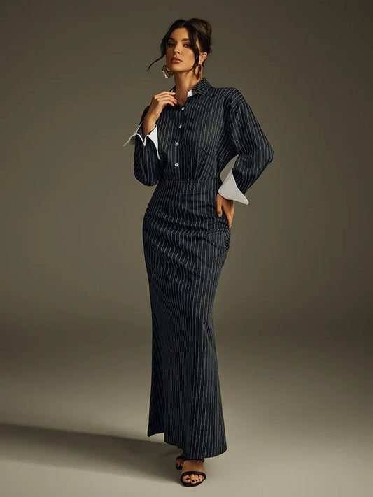 Ladies' Folded Collar Stripe Skirt Set - MATCHING MASTER