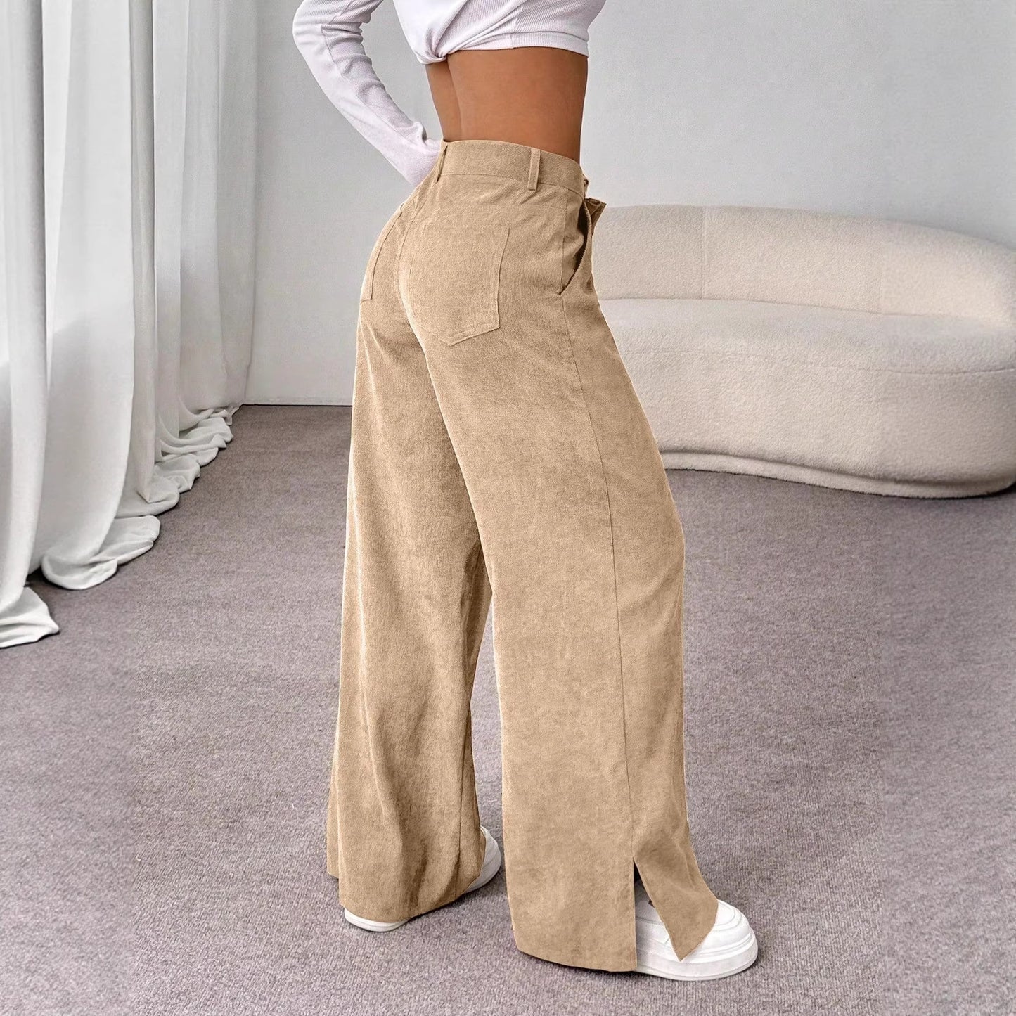 Ladies' High Waist Corduroy Wide Leg Pants - MATCHING MASTER