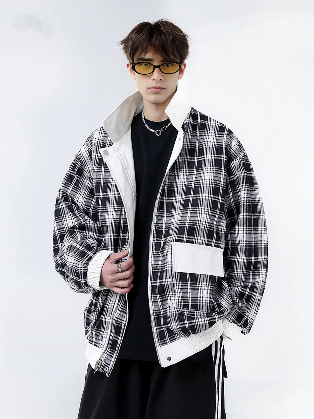 Genuine leather jacket with plaid lining, reversible lapel leather jacket