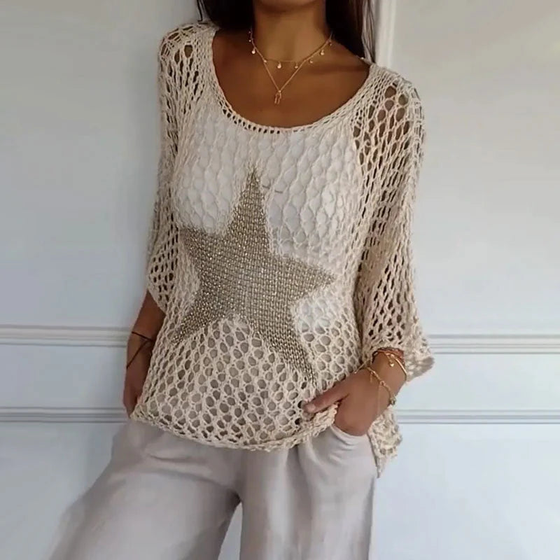 ⌛💥Ladies' Fashion Round Neck Crochet Knit Fishnet Top - MATCHING MASTER