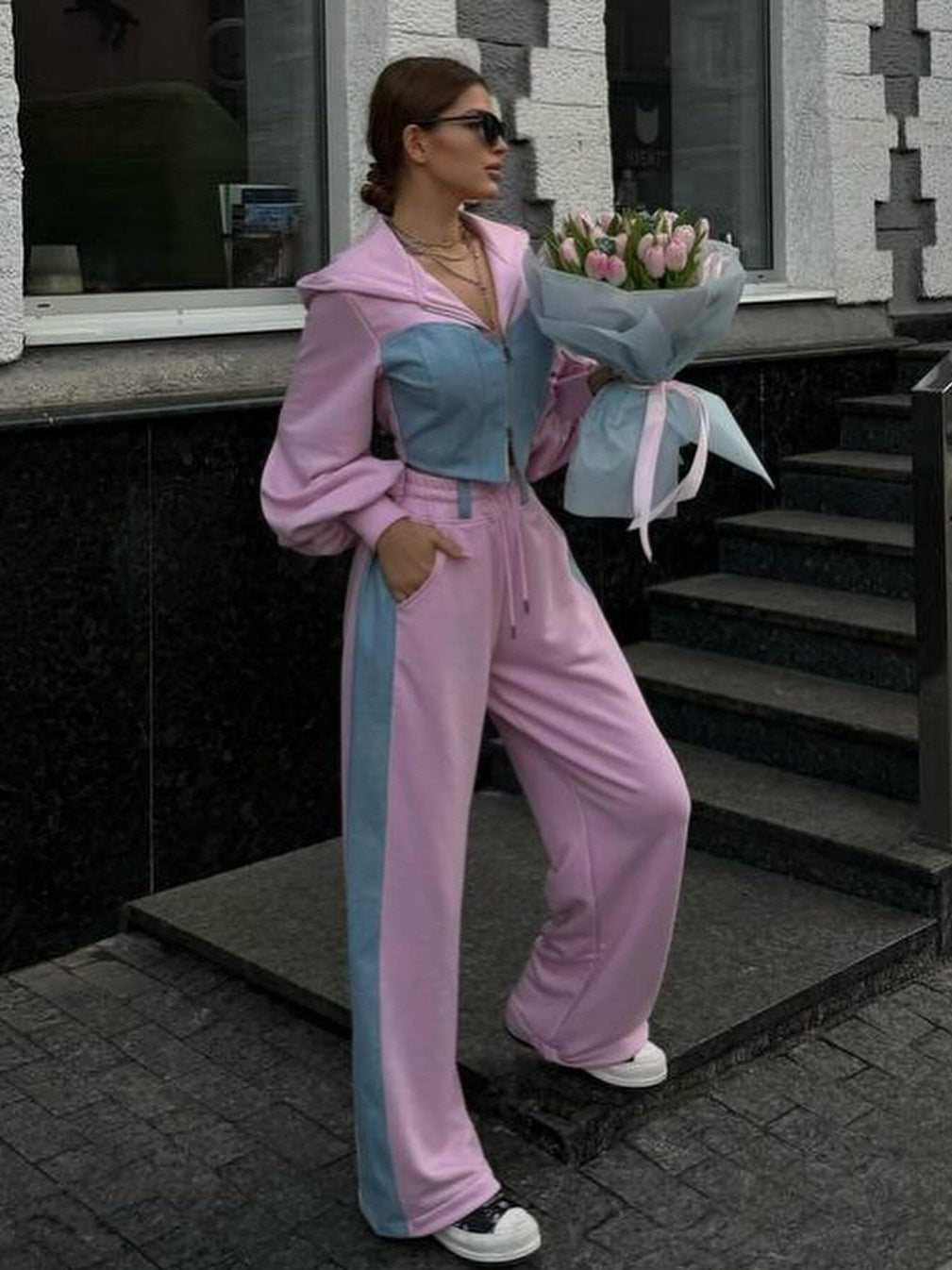 Denim patchwork hooded top and trousers two-piece set - MATCHING MASTER
