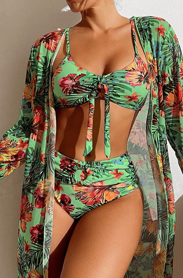 Women's 3-piece V-neck floral print bikini set - MATCHING MASTER