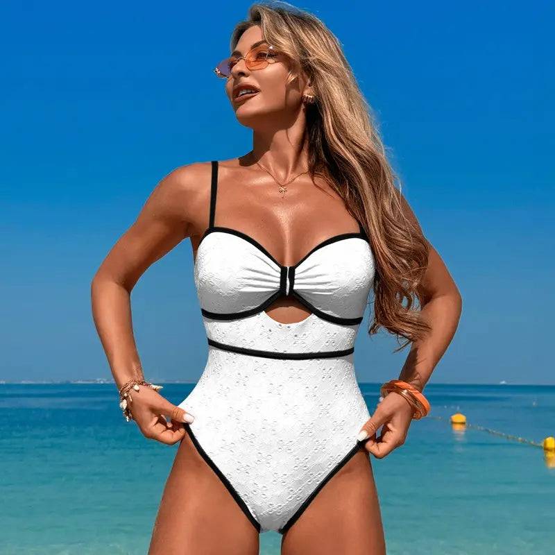 Women's One Piece Color Block Cutout Front Swimsuit - MATCHING MASTER
