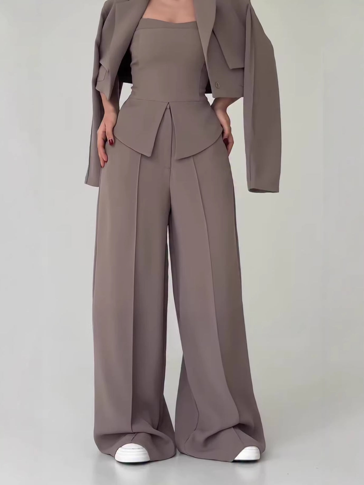 BundleWear™ Tri-Piece Power Suit | Cropped Blazer, Camisole & Peplum-Waist Palazzo Trousers