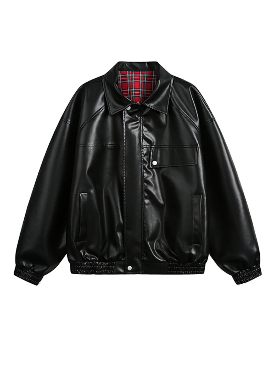 Genuine leather jacket with plaid lining, reversible lapel leather jacket