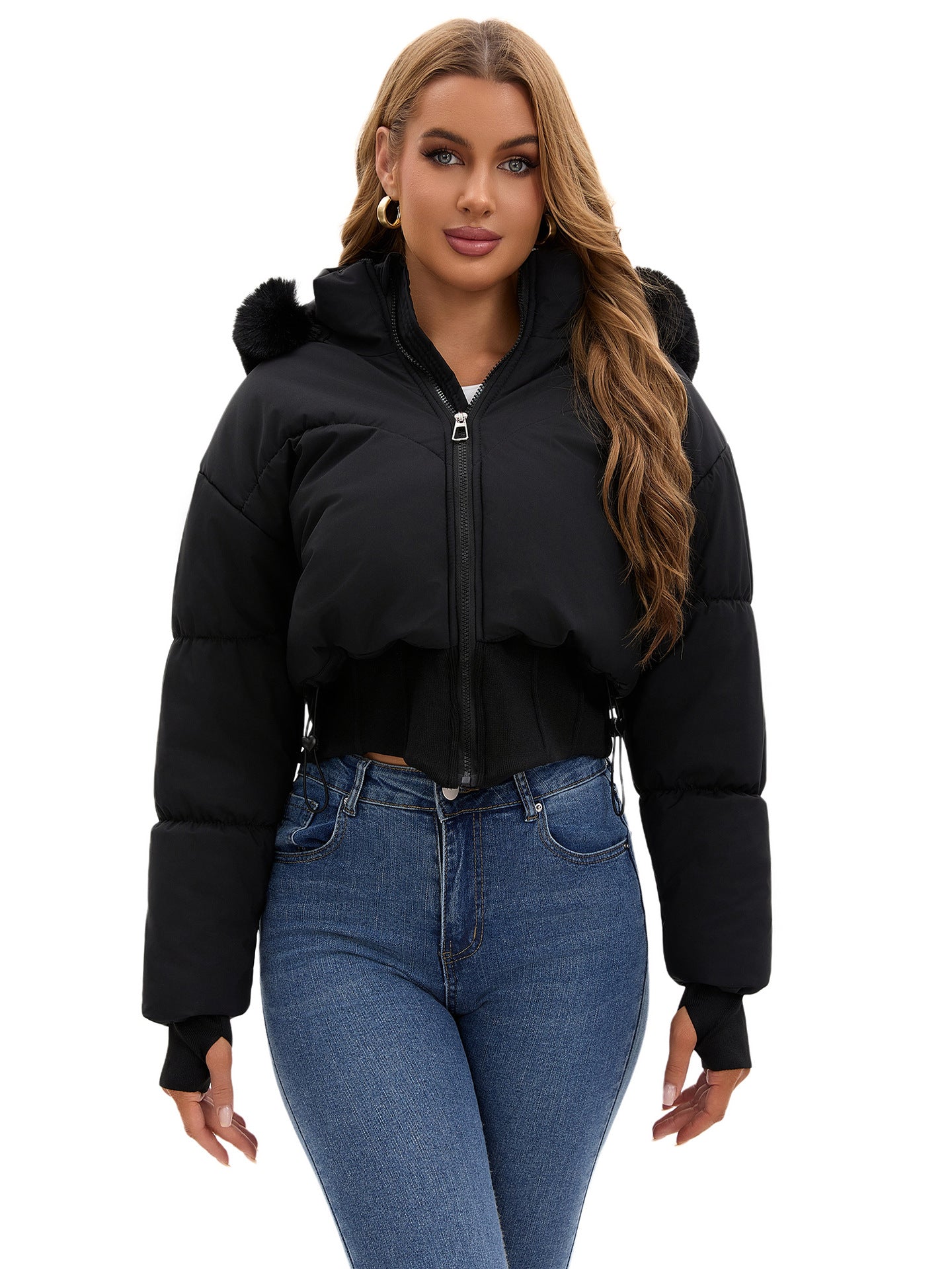 Short coat with large fur collar, hood and waist-hugging design - MATCHING MASTER