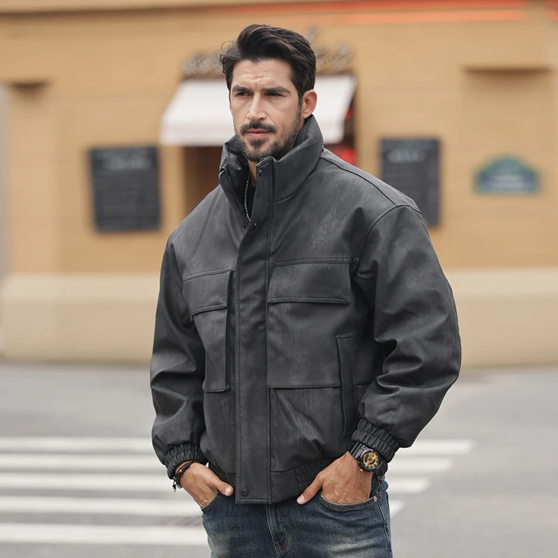 Men's Retro Stand Collar Leather Jacket