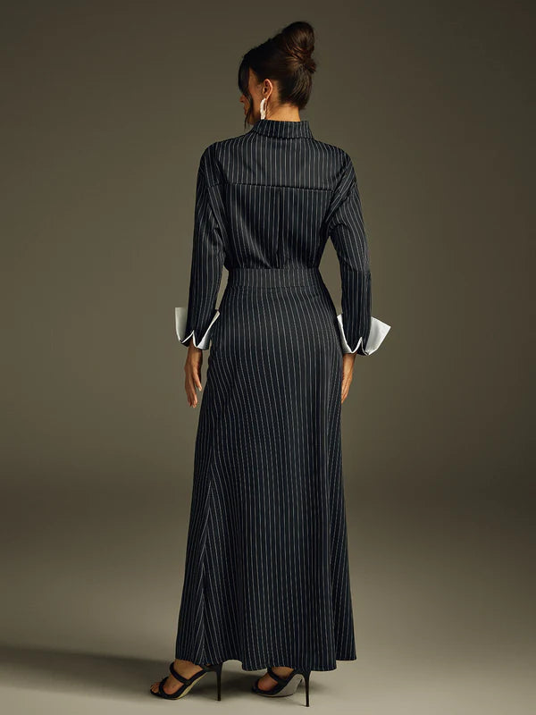 Ladies' Folded Collar Stripe Skirt Set - MATCHING MASTER