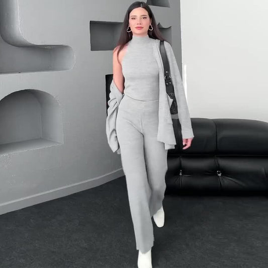 Ladies' solid color sleeveless turtleneck base sweater three piece suit - MATCHING MASTER