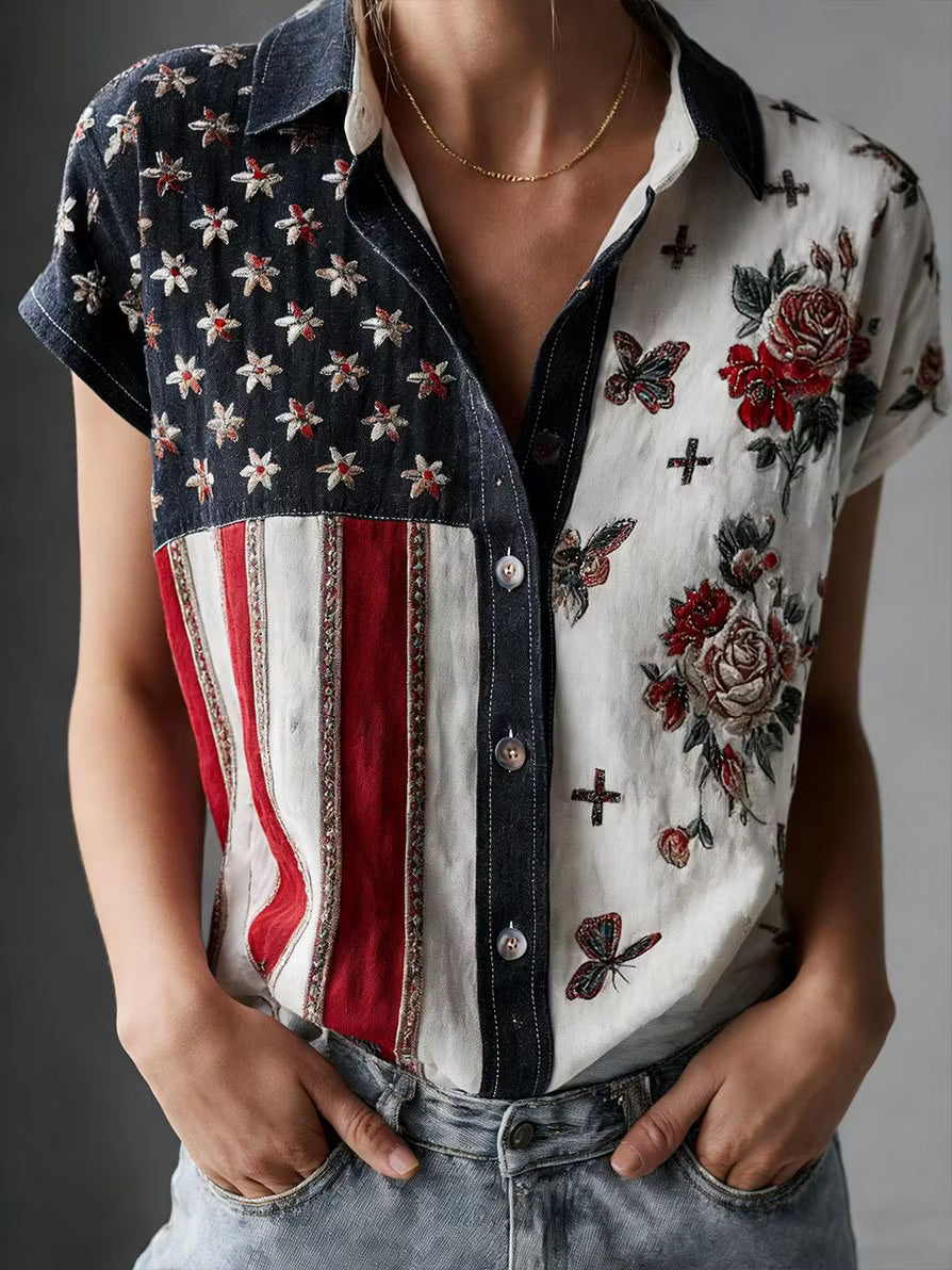 Women's American Founding 250th Anniversary Art Print Short-Sleeved Shirt - BundleWear