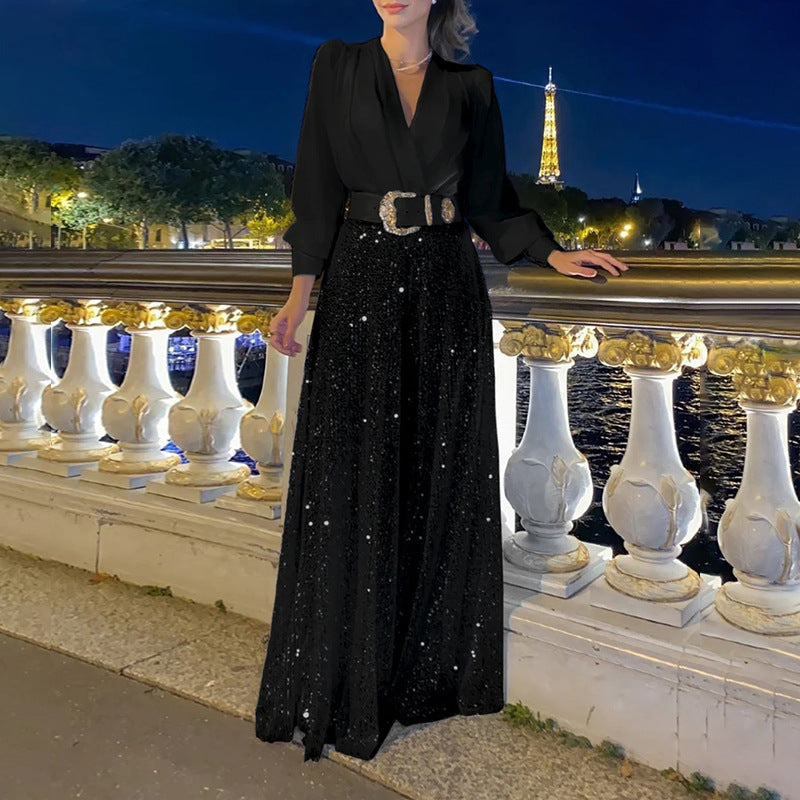 Sequined Long-Sleeve One-Piece trousers Set