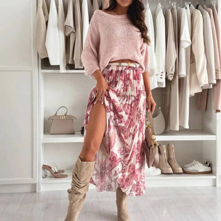 🌸Crew Neck Top & Printed Belted Skirt Set - MATCHING MASTER