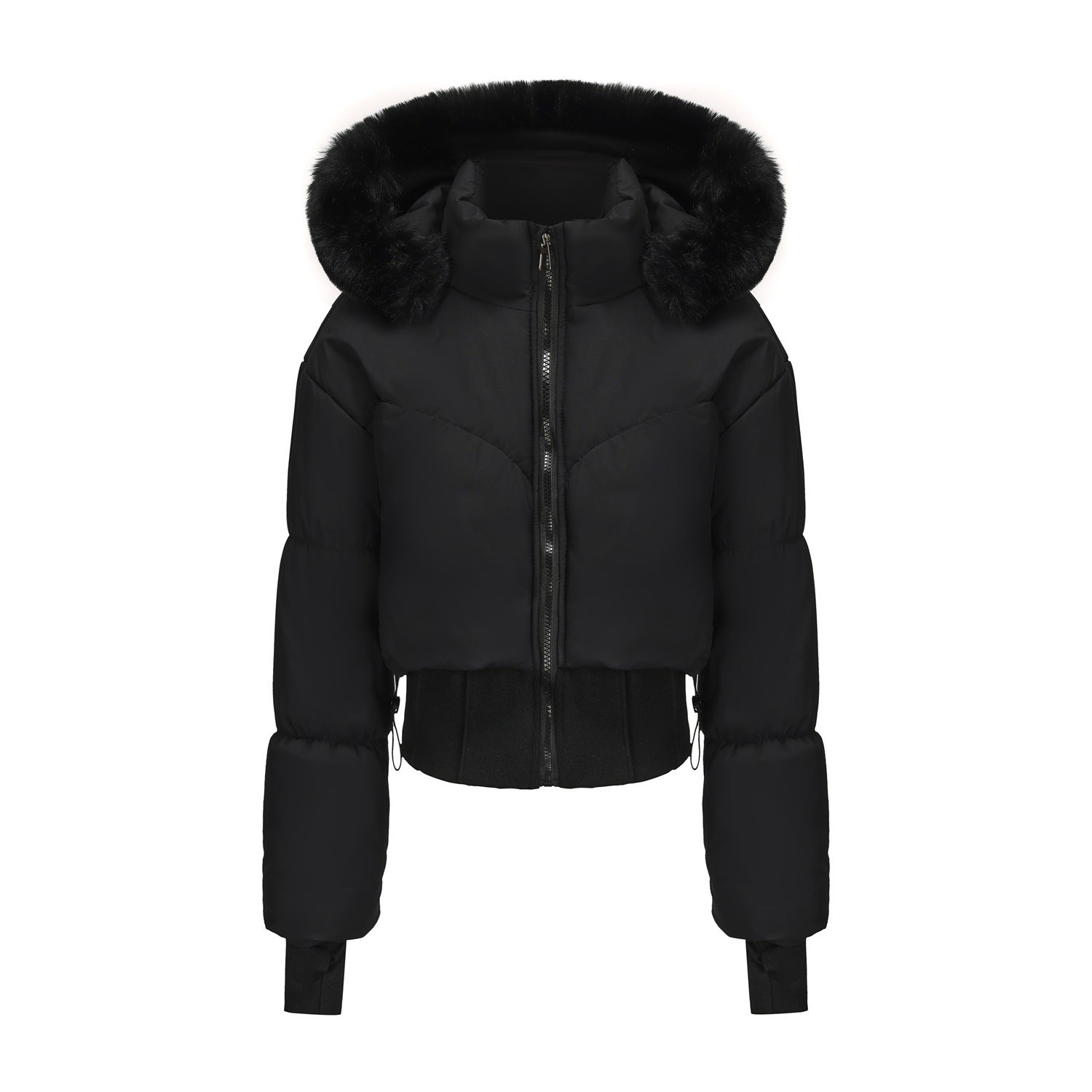 Short coat with large fur collar, hood and waist-hugging design - MATCHING MASTER