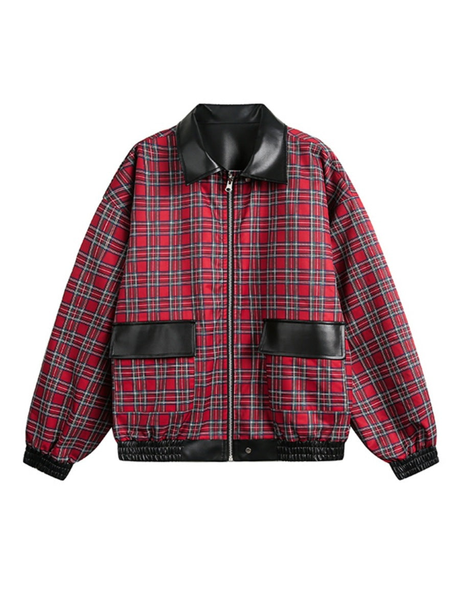 Genuine leather jacket with plaid lining, reversible lapel leather jacket