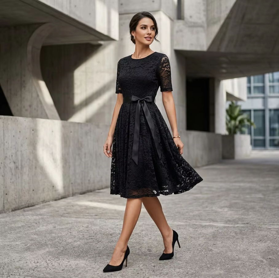 BundleWear™ Floral Lace Bow Dress | Elegant Fitted Cocktail & Wedding Guest Midi