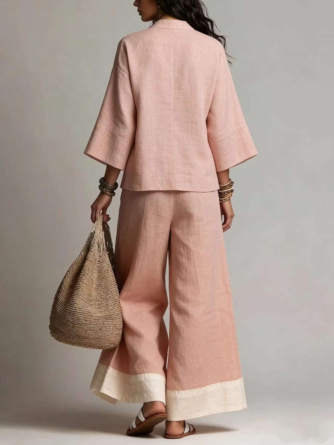 Linen French V-neck three-quarter sleeve shirt + color-blocked wide-leg pants set - BundleWear