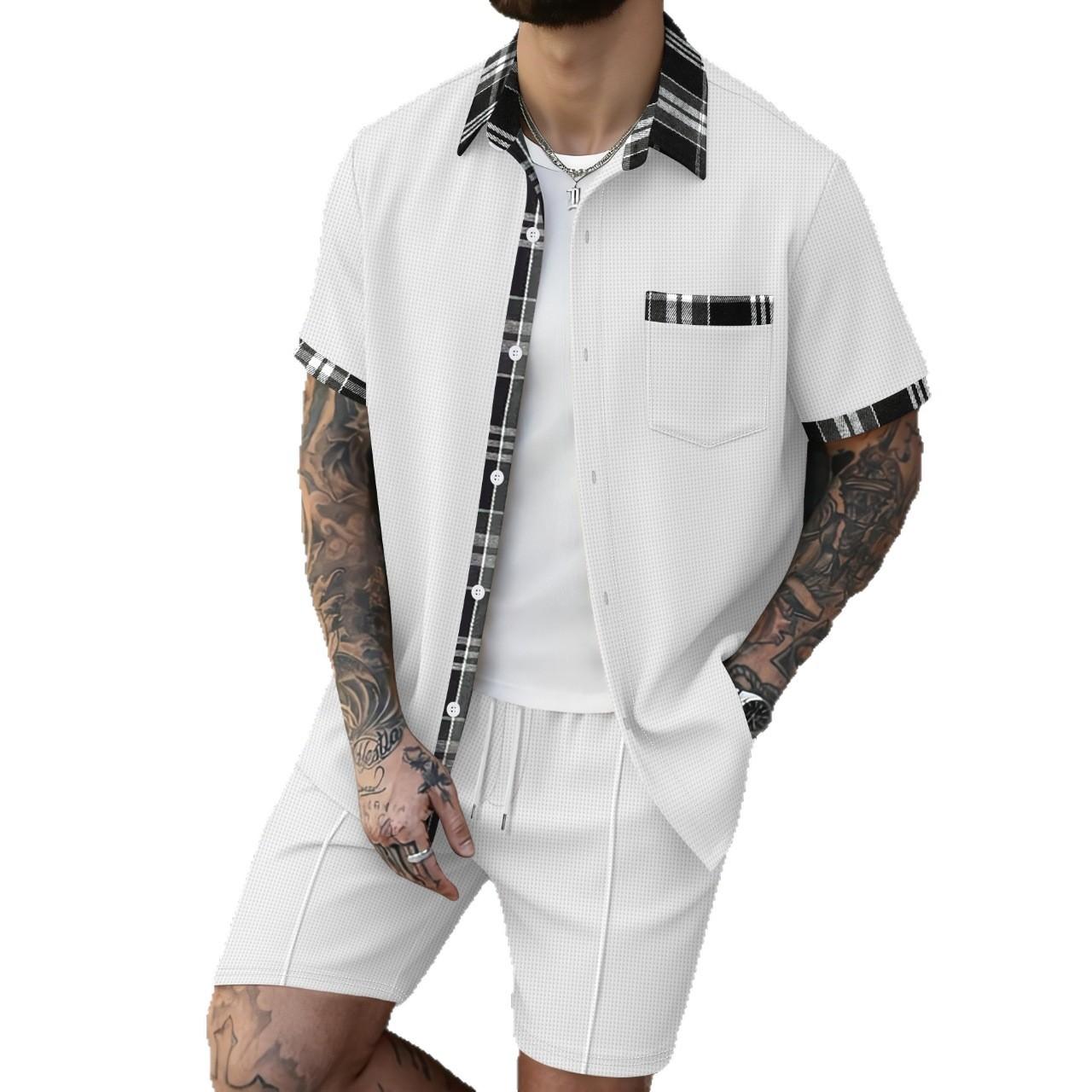 BundleWear™ Plaid-Trim Waffle Resort Set | Camp-Collar Knit Shirt & Drawstring Shorts