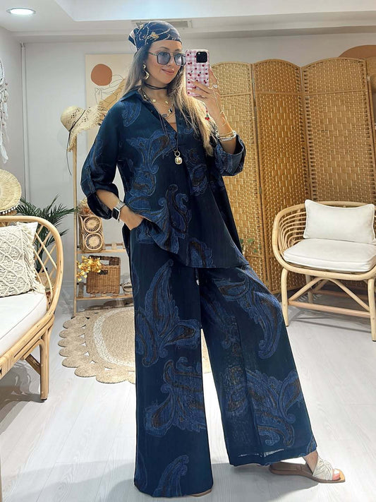 Elegant Paisley Print Two-Piece Set - Oversized Button-Down Shirt & Wide-Leg Drawstring Trousers